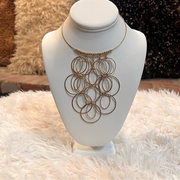 Bohemian BoHo Disco Dressy Gold Tone Chain Link Circle Loop Bib Choker Necklace - Picture 1 of 14